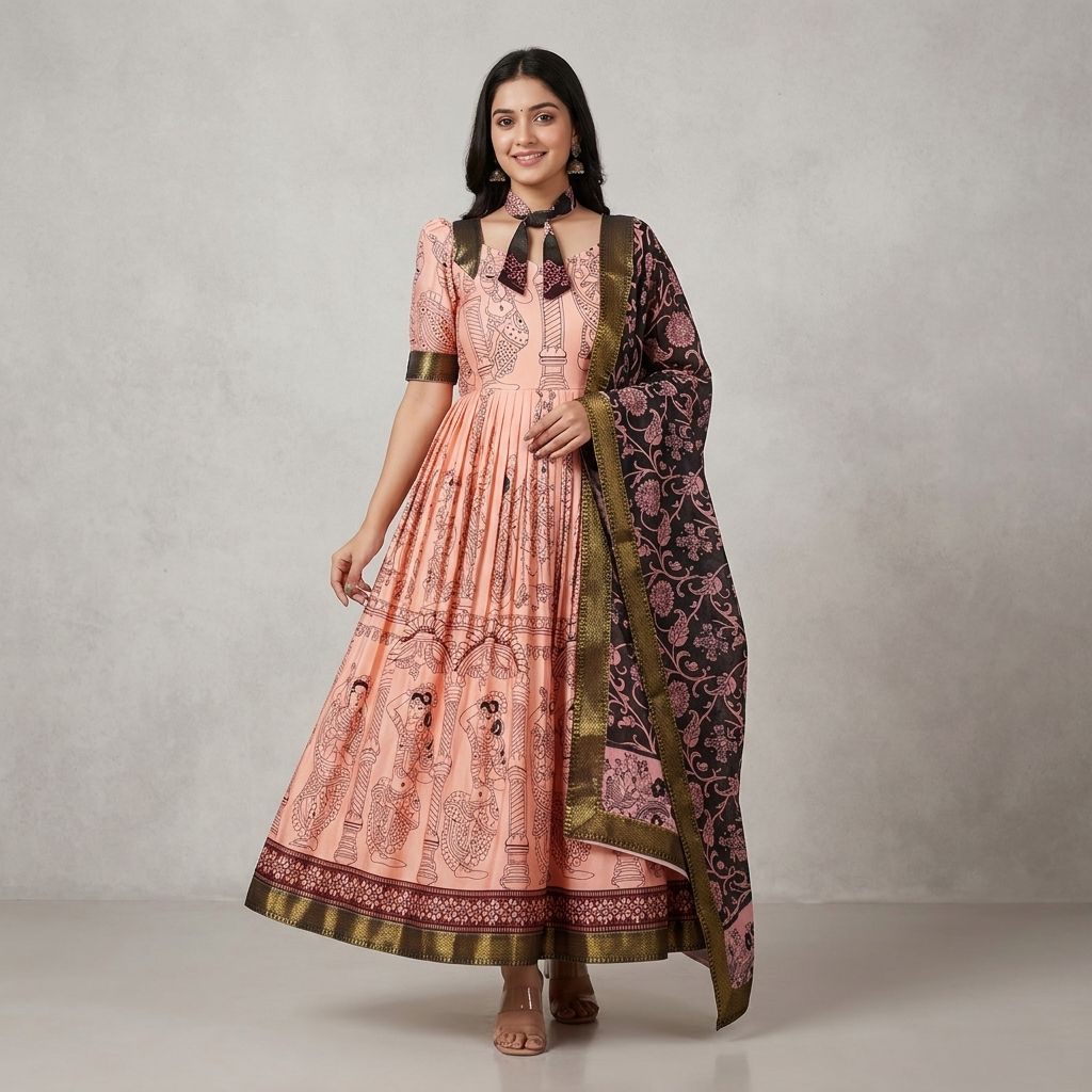 Pink Printed Zari Border Anarkali Gown For Women