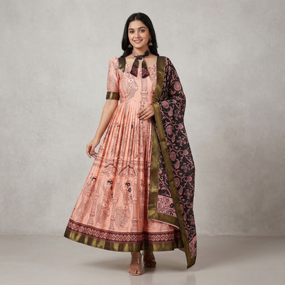Pink Printed Zari Border Anarkali Gown For Women