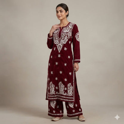 Maroon Cotton Chikankari Embroidered Kurta With Palazzo