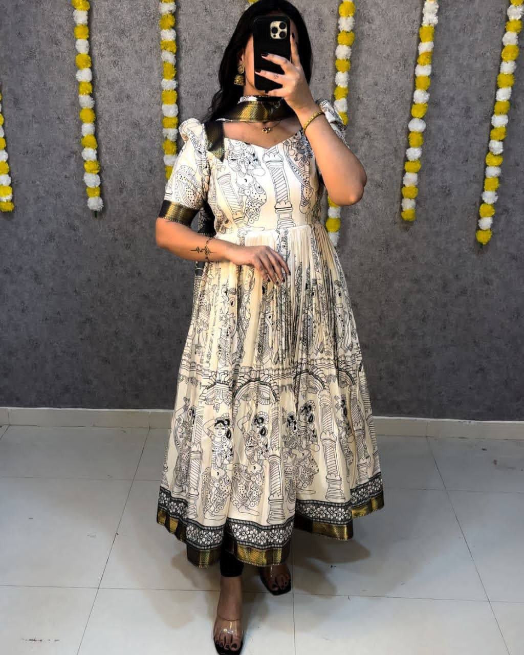 White Cotton Kalamkari Print Anarkali Gown For Women