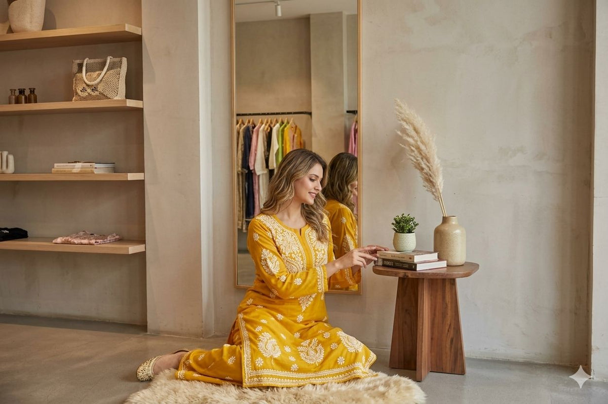 Yellow Chikankari Embroidered Kurta Palazzo Set For Women