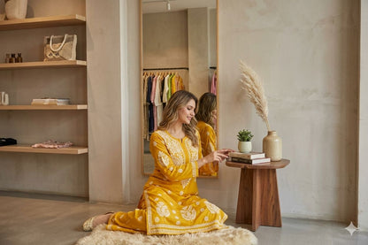 Yellow Chikankari Embroidered Kurta Palazzo Set For Women