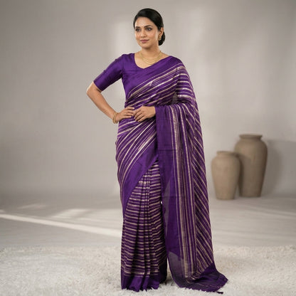 Purple Silk Gold Striped Woven Saree With Blouse Piece For Women