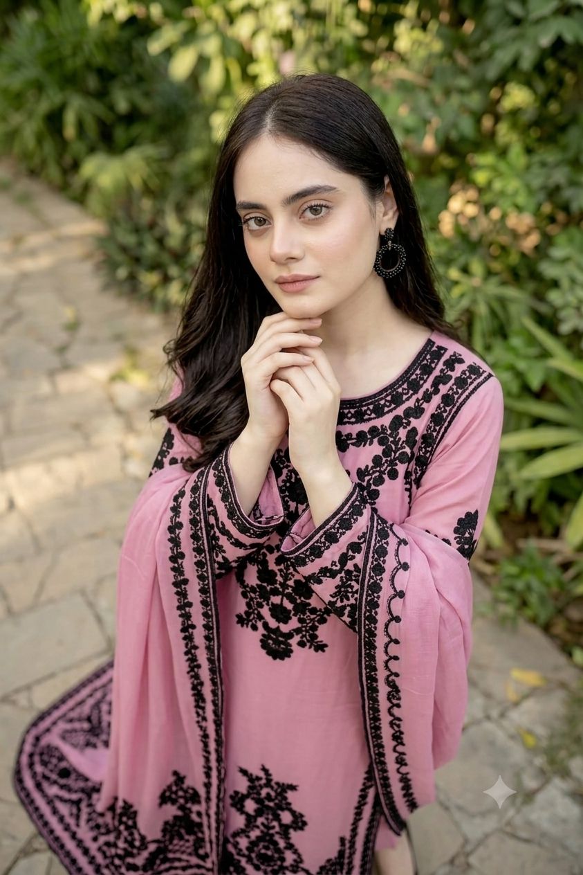 Pink And Black Embroidered Straight Kurta Pant Dupatta Set For Women