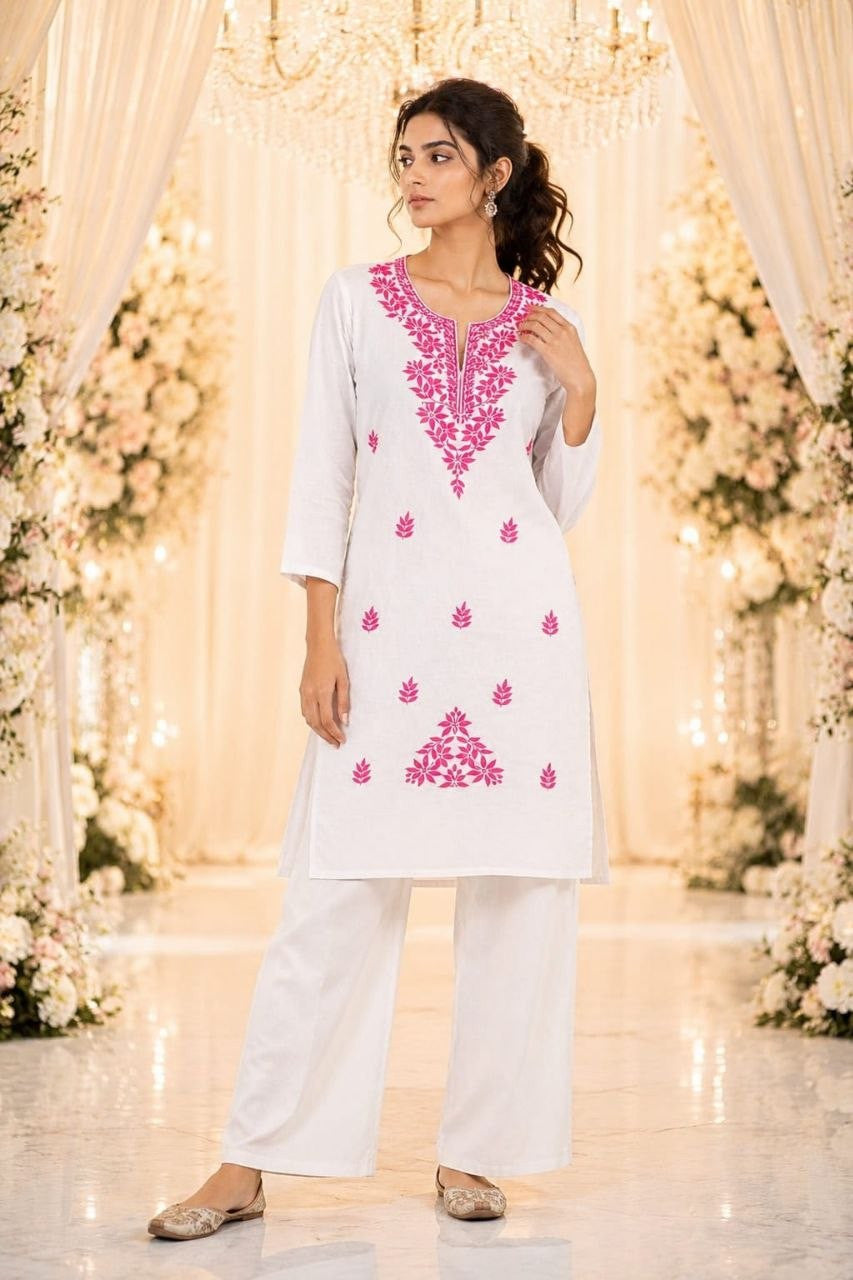 Cotton embroidered chikankari co ord set.