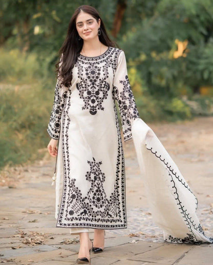 White And Black Cotton Embroidered Straight Kurta With Dupatta For Women
