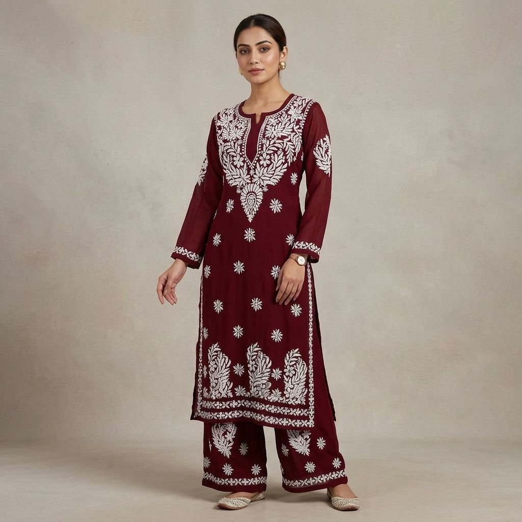 Maroon Cotton Chikankari Embroidered Kurta With Palazzo