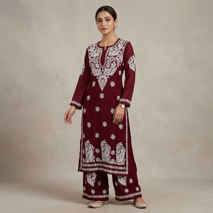 Maroon Cotton Chikankari Embroidered Kurta With Palazzo