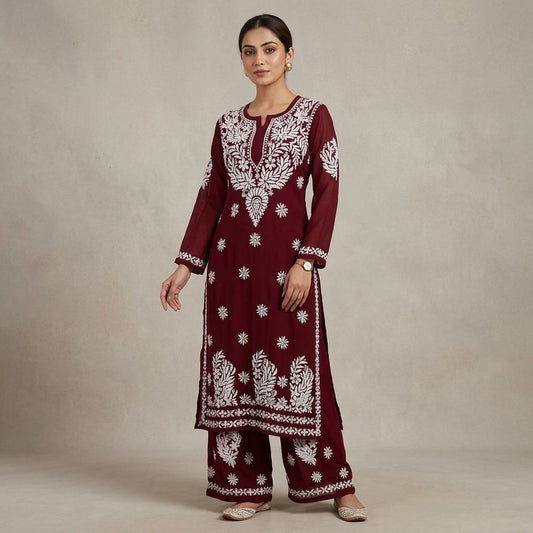Maroon Cotton Chikankari Embroidered Kurta With Palazzo