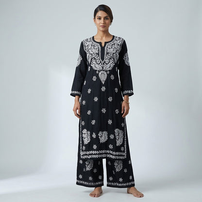 Black Cotton Chikankari Embroidered Kurta Palazzo Set For Women