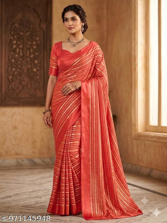 Red Silk Golden Zari Striped Border Saree For Women