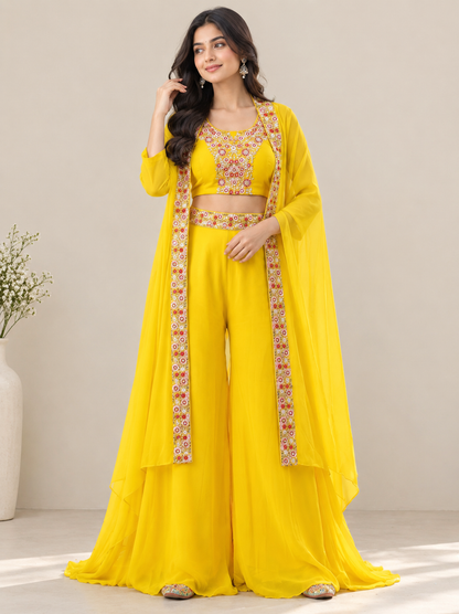 Women's Yellow Embroidered Crop Top with Palazzo and Long Jacket Set