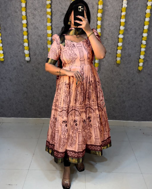 Pink Printed Zari Border Anarkali Gown For Women
