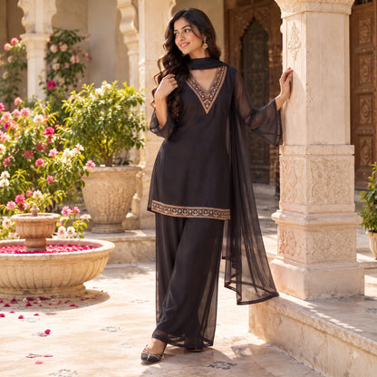 Midnight Black Georgette Sharara Set