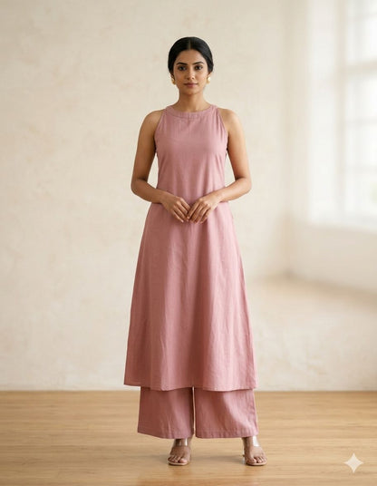 Pink Cotton Sleeveless Kurta With Palazzo Set For Women