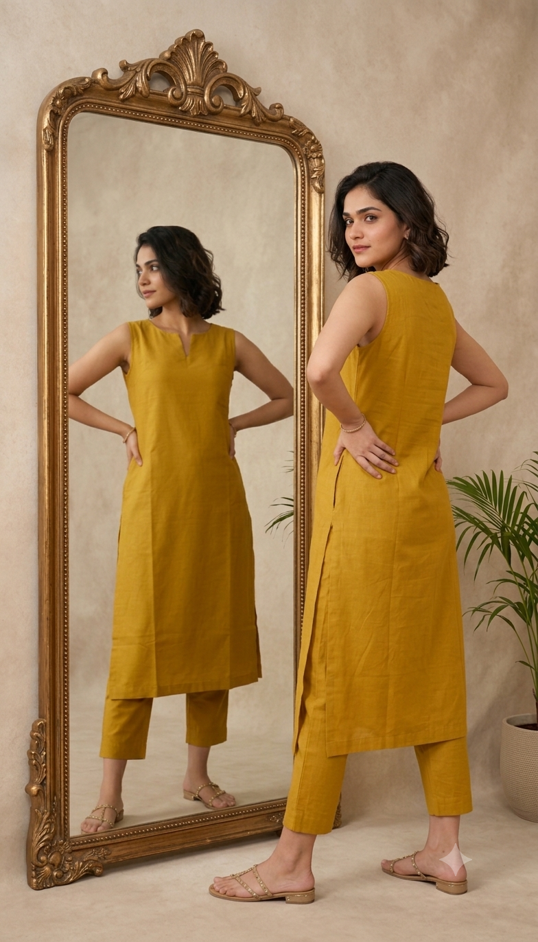 Sleeveless kurti with pants.
