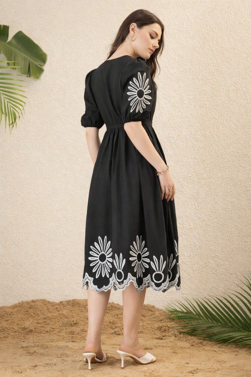 Black Cotton Floral Embroidered Puff Sleeve Midi Dress For Women