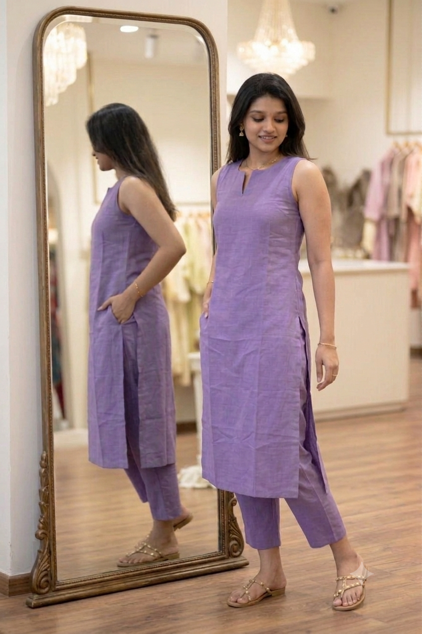 Sleeveless kurti with pants.