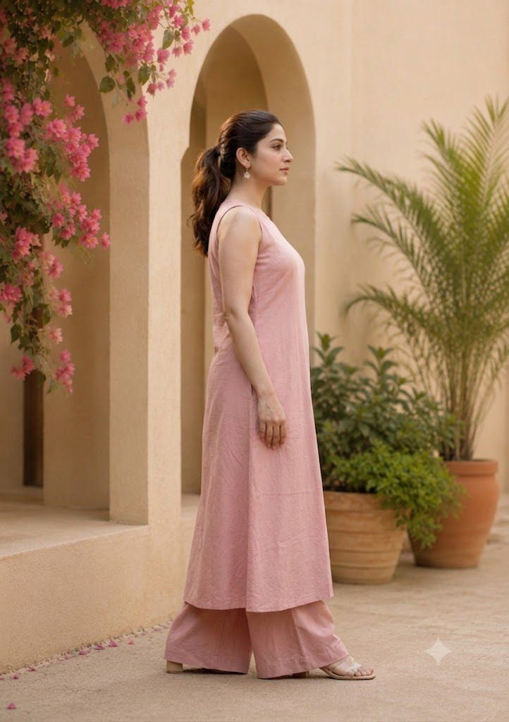 Pink Cotton Sleeveless Kurta With Palazzo Set For Women