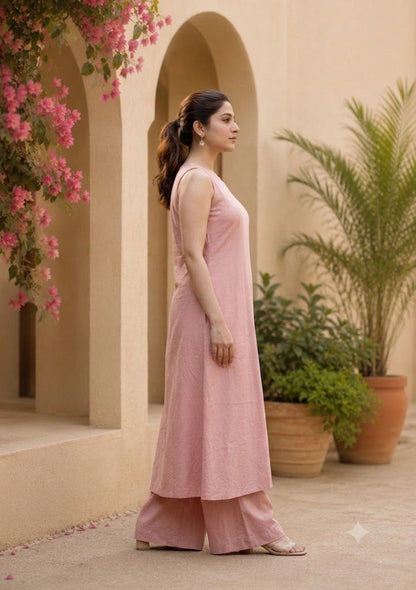 Pink Cotton Sleeveless Kurta With Palazzo Set For Women