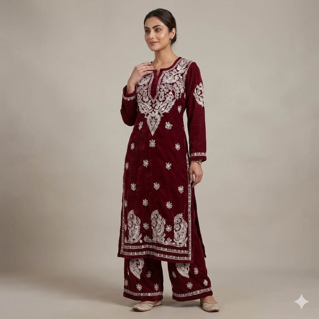 Maroon Cotton Chikankari Embroidered Kurta With Palazzo