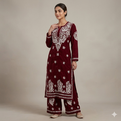 Maroon Cotton Chikankari Embroidered Kurta With Palazzo
