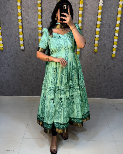Sea Green Kalamkari Print Silk Anarkali Gown With Dupatta For Women