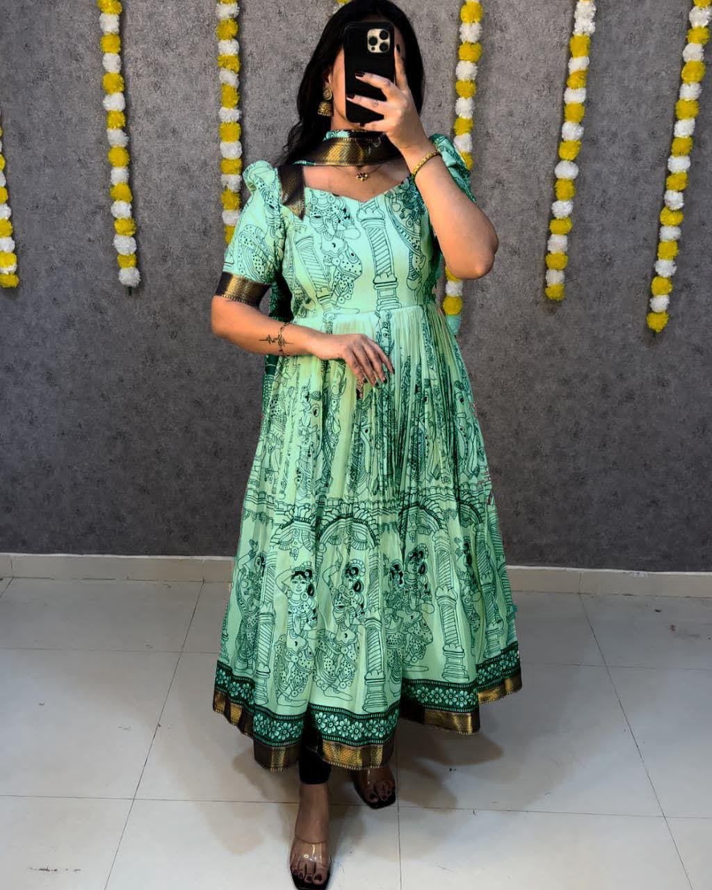 Sea Green Kalamkari Print Silk Anarkali Gown With Dupatta For Women
