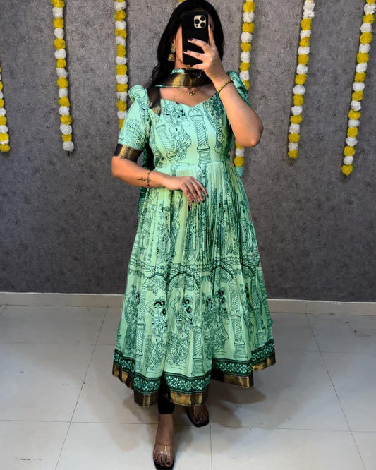 Sea Green Kalamkari Print Silk Anarkali Gown With Dupatta For Women