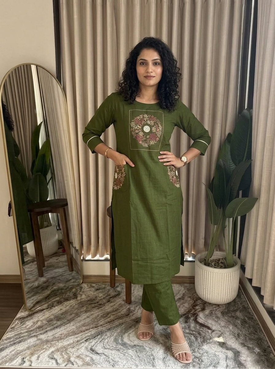 Cotton slub embroidered top with palazzo