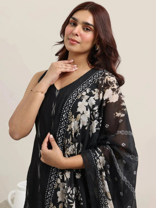 Black Woven Design Cotton Straight Suit with Dupatta.