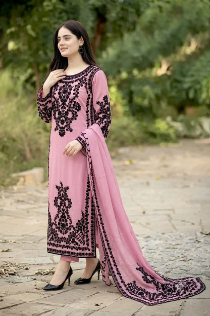Pink And Black Embroidered Straight Kurta Pant Dupatta Set For Women