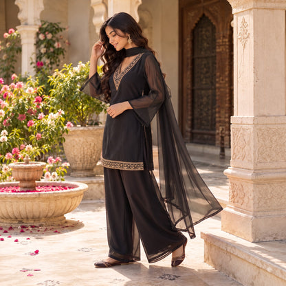 Midnight Black Georgette Sharara Set