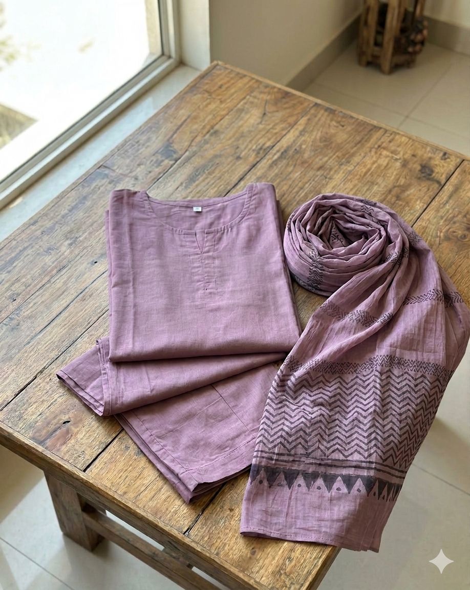 Purple Cotton Printed Straight Kurta Palazzo Set With Dupatta For Women