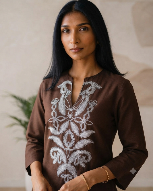 Brown Embroidered cotton Co Ord set