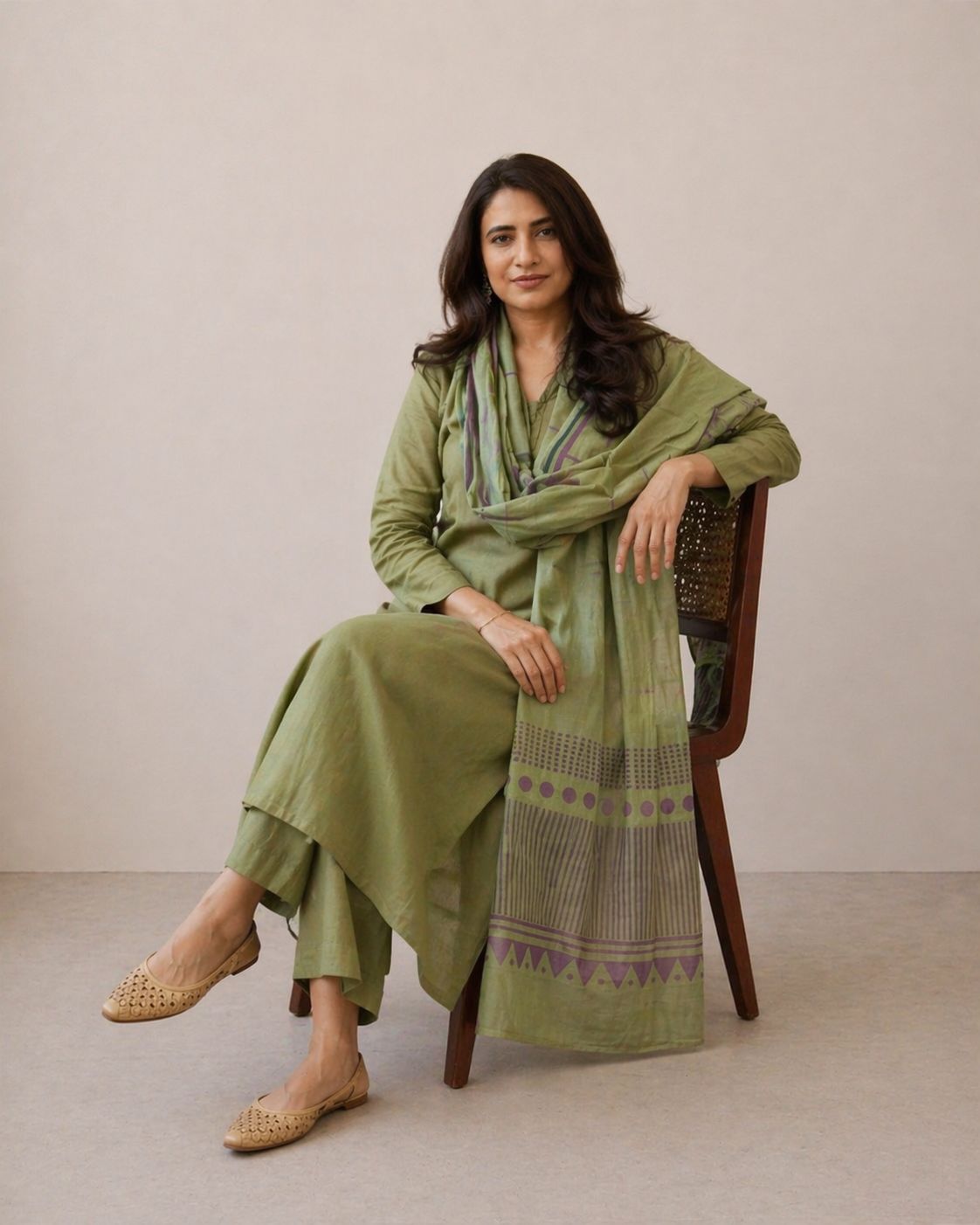 Green Cotton Straight Kurta Palazzo Set With Dupatta For Women