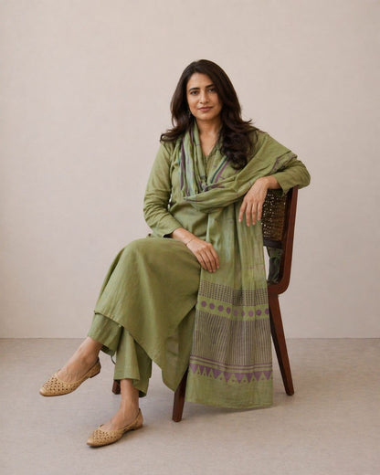 Green Cotton Straight Kurta Palazzo Set With Dupatta For Women