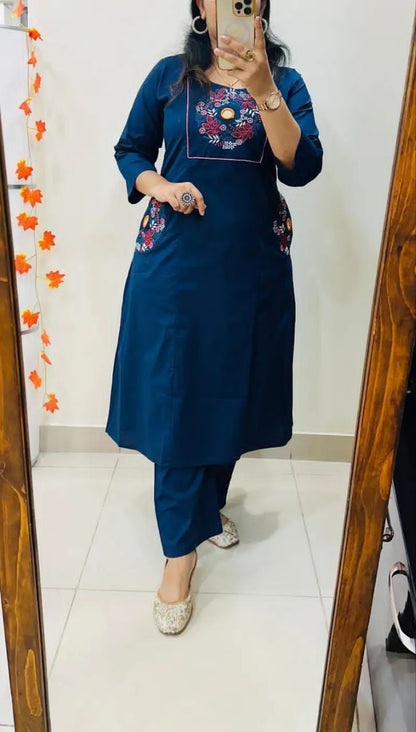 Cotton slub embroidered top with palazzo