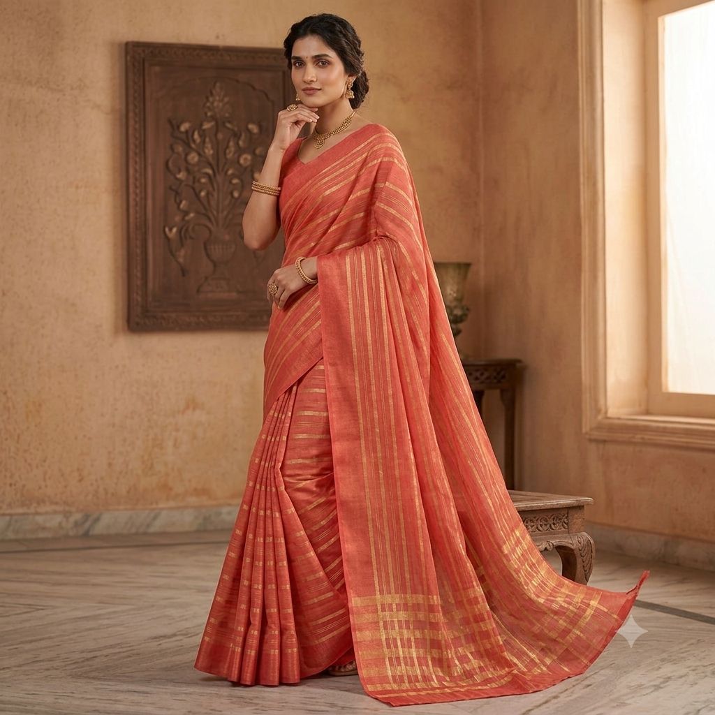 Red Silk Golden Zari Striped Border Saree For Women