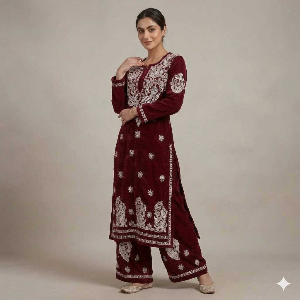 Maroon Cotton Chikankari Embroidered Kurta With Palazzo