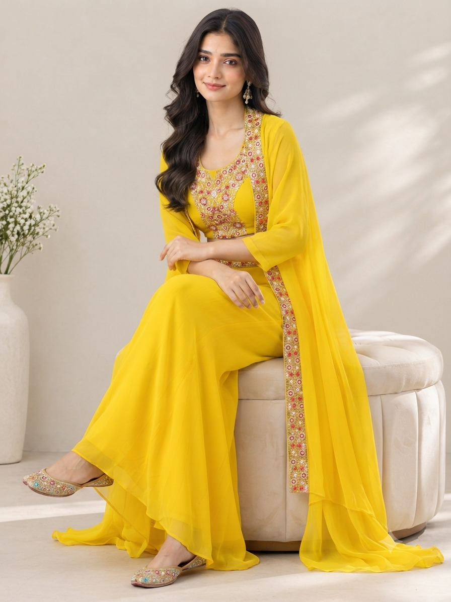 Women's Yellow Embroidered Crop Top with Palazzo and Long Jacket Set