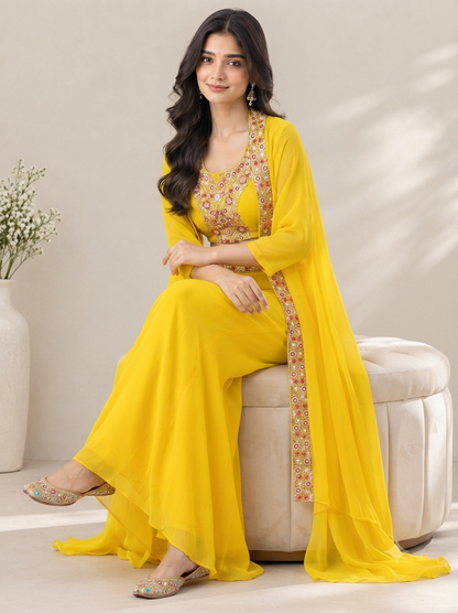 Women's Yellow Embroidered Crop Top with Palazzo and Long Jacket Set