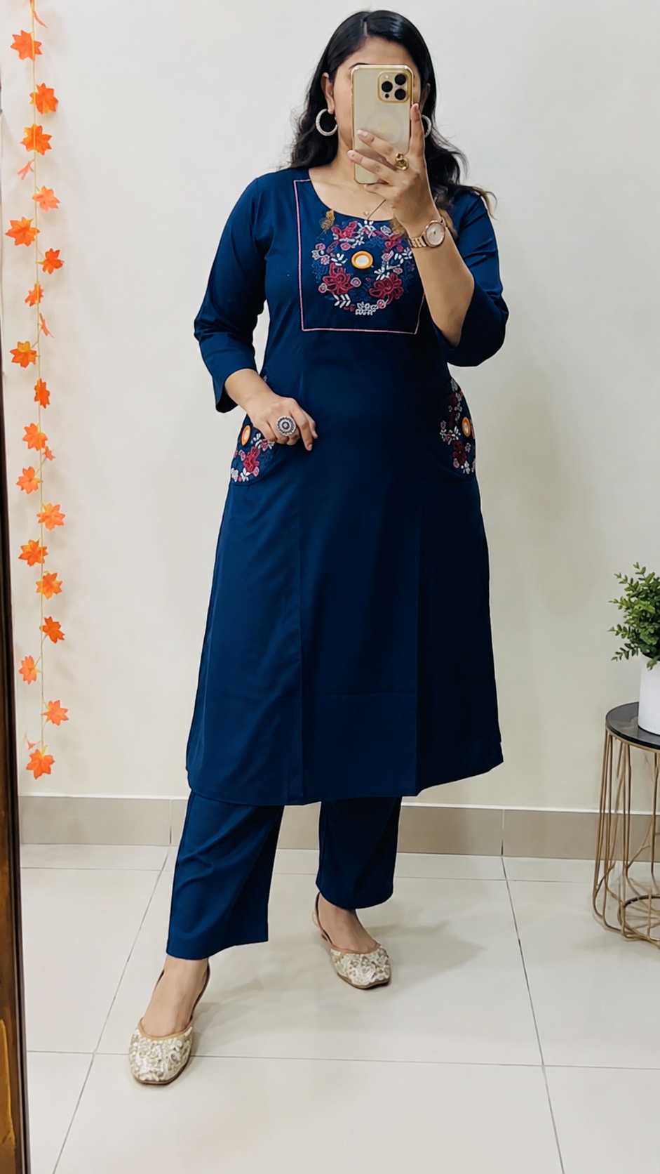Cotton slub embroidered top with palazzo