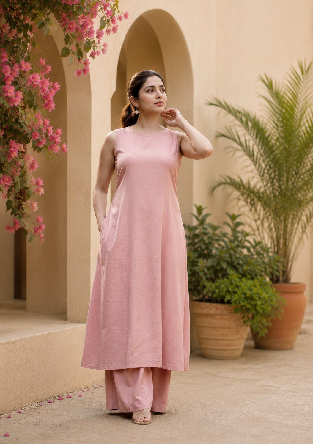 Pink Cotton Sleeveless Kurta With Palazzo Set For Women