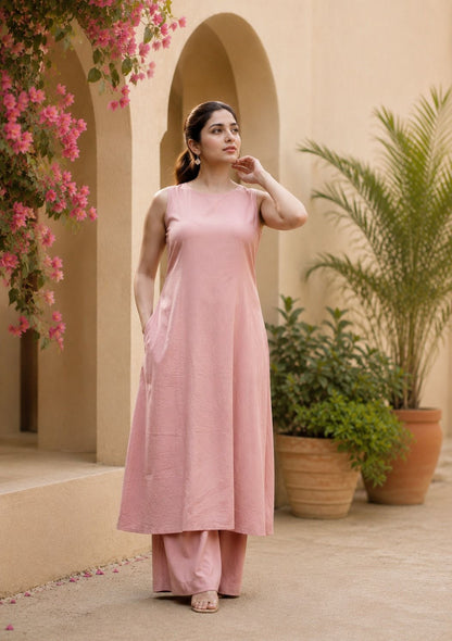 Pink Cotton Sleeveless Kurta With Palazzo Set For Women