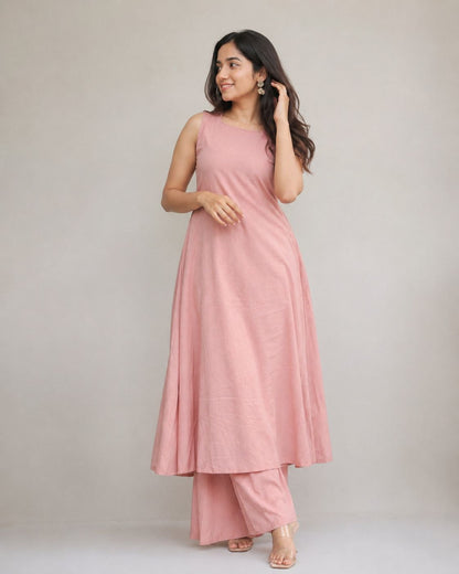 Pink Cotton Sleeveless Kurta With Palazzo Set For Women