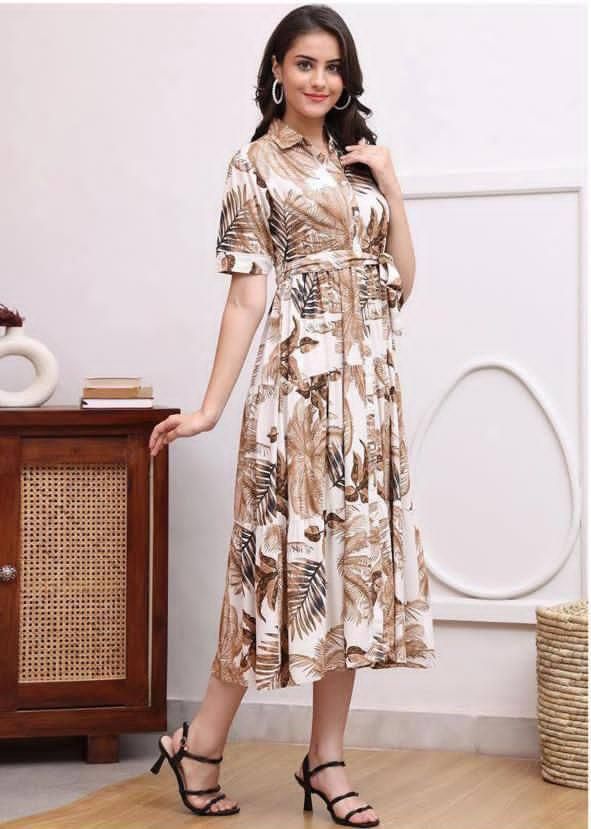 Beige And White Tropical Print Belted Shirt Midi Dress For Women