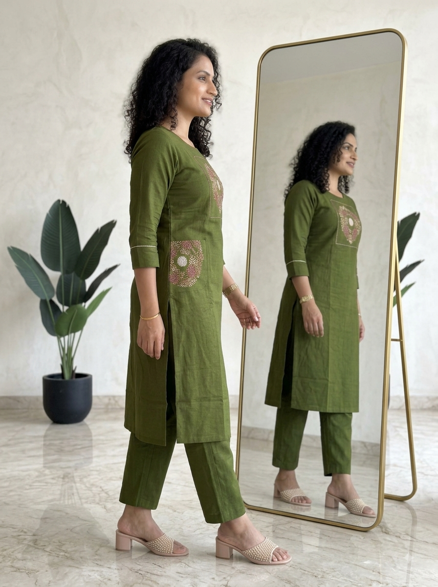 Cotton slub embroidered top with palazzo