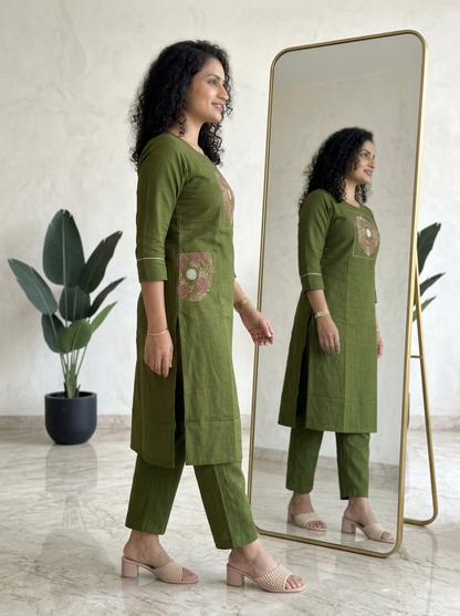 Cotton slub embroidered top with palazzo