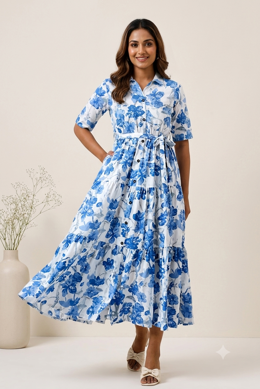 Blue Floral Print Tiered Maxi Shirt Dress For Women